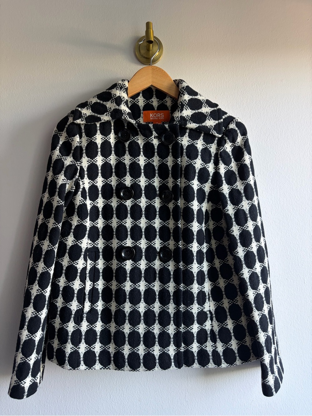 Michael Kors Black and White Checked Wool Coat with Logo Button